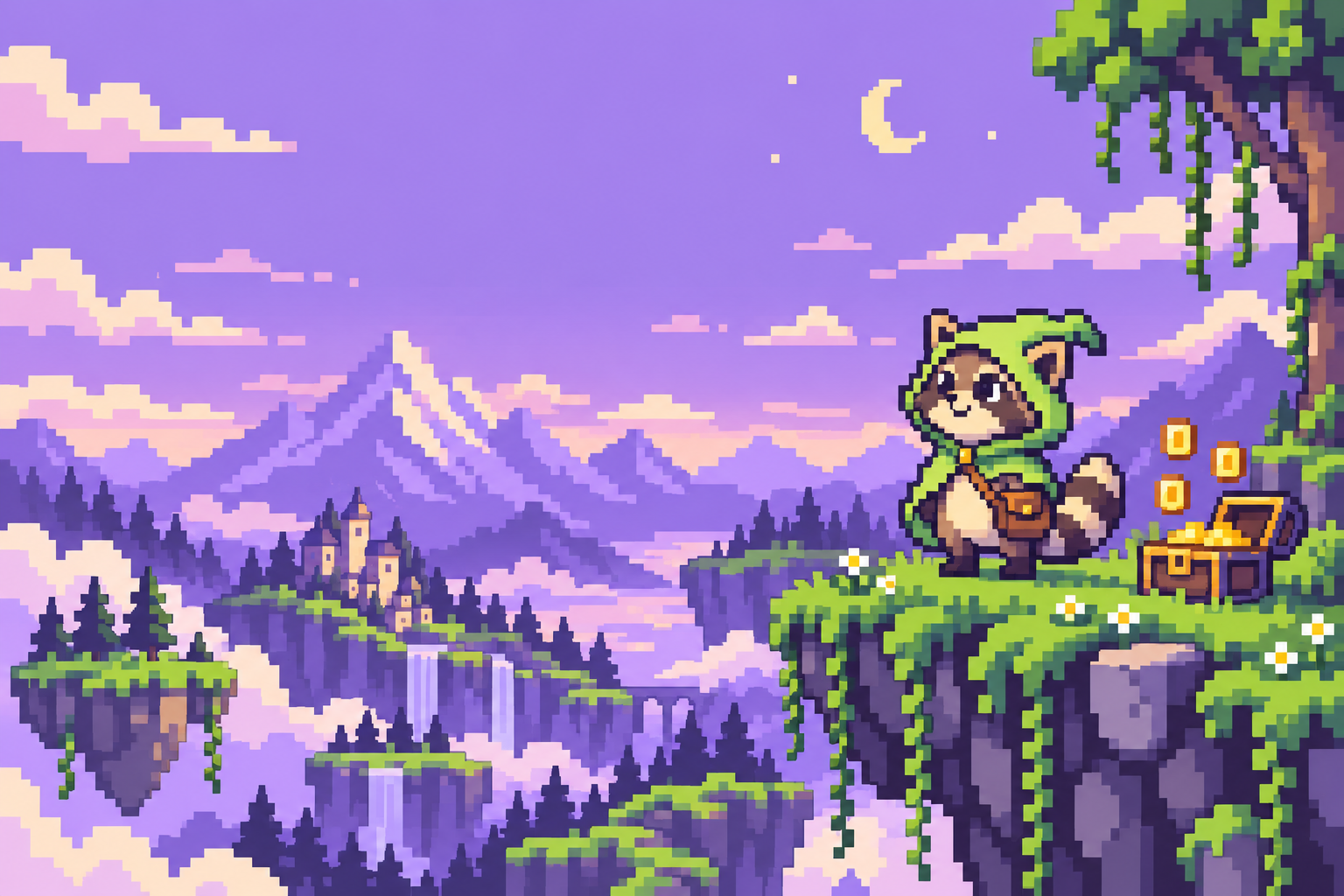 Pip, the green-hooded raccoon, exploring a lavender forest with floating islands